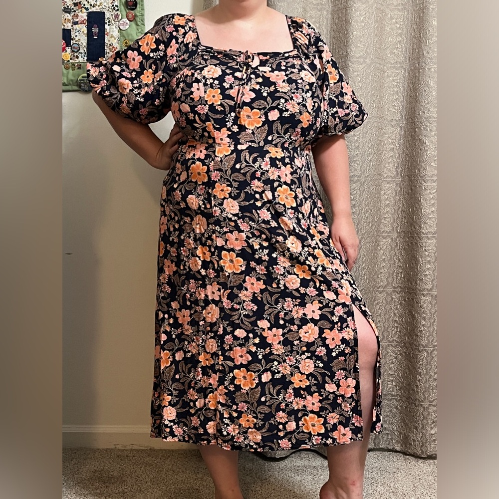 Old Navy Navy and Pink Floral Midi Dress with Bubble Hem Sleeves